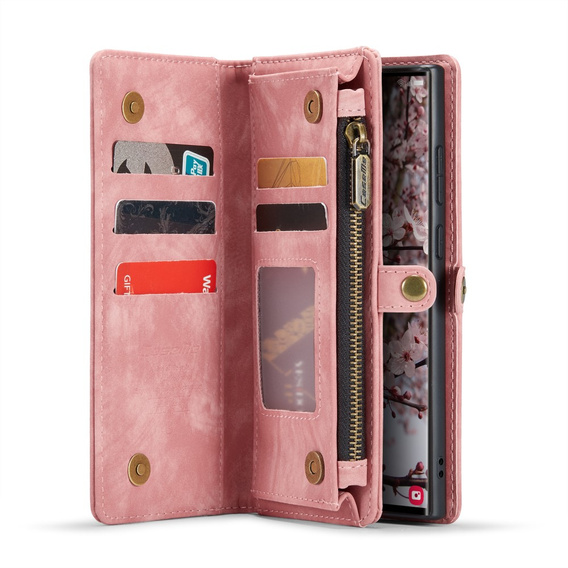 Husă CASEME pentru Samsung Galaxy S25 Ultra, Retro Leather Wallet, cu curea de umăr, roșu