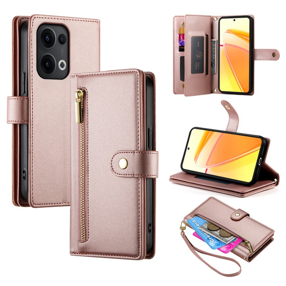 Cu clapetă pentru Oppo Reno 13 Pro 5G, Wallet Zipper Pocket, roz