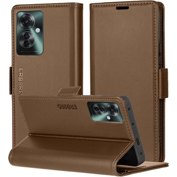 Husă pentru Oppo Reno 11F, ERBORD Glossy Litchi, portofel cu clapetă, maro