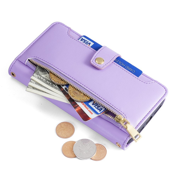 Cu clapetă pentru iPhone 15 Pro, Wallet Zipper Pocket, violet