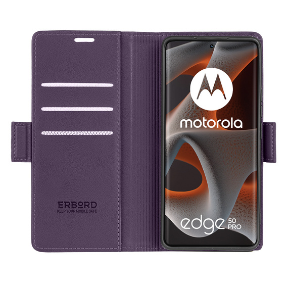 Husă pentru Motorola Edge 50 Pro, ERBORD Glossy Litchi, portofel cu clapetă, violet