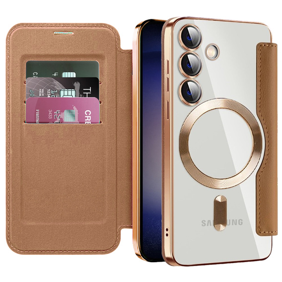 Cu clapetă pentru Samsung Galaxy S24, RFID Wallet MagSafe CamShield, maro