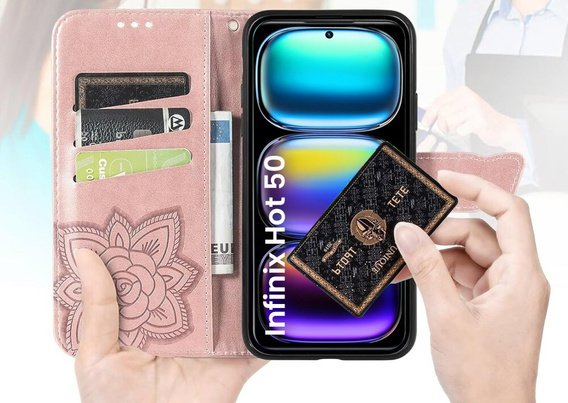 Cu clapetă pentru Infinix Hot 50 4G, Butterfly, roz rose gold