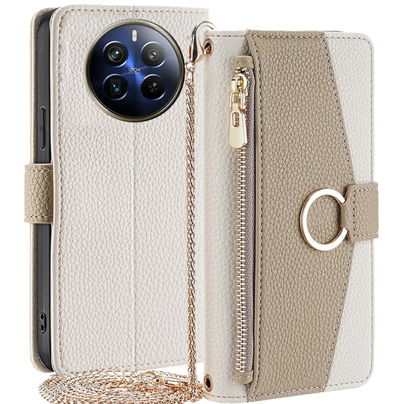 Carcasă flip pentru Realme 12 Pro 5G / 12 Pro+ 5G, Wallet Zipper Pocket, cu oglindă, alb