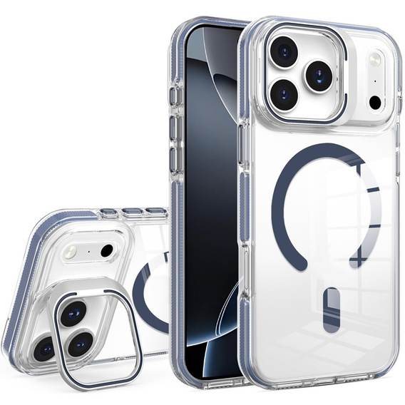 Husă pentru iPhone 17 Pro Max, pentru MagSafe, cu suport, transparentă cu inserții albastru marin
