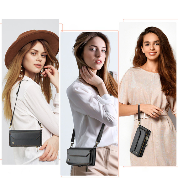 Husă cu clapetă pentru Samsung Galaxy A17 5G, husă de portofel cu închidere și curele - negru