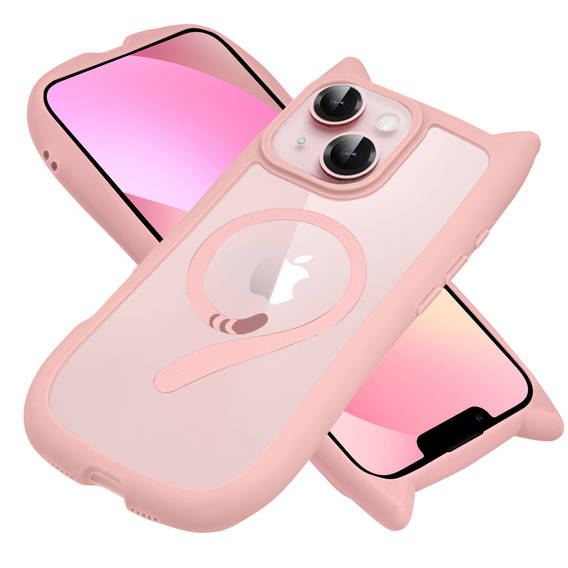 Husă pentru iPhone 13 / iPhone 14, pentru MagSafe, Cute Cat, roz + sticlă pentru ecran