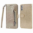 Cu clapetă pentru Samsung Galaxy S24, Wallet Zipper Pocket Glittery, de aur