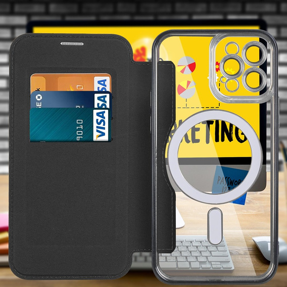 Cu clapetă pentru iPhone 12 Pro, RFID Wallet MagSafe CamShield, negru