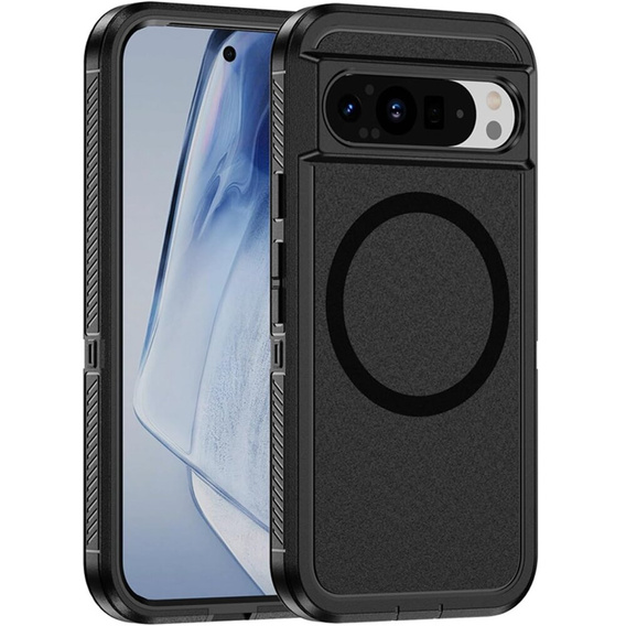 Carcasă ERBORD cu ramă pentru Google Pixel 9 / Google Pixel 9 Pro, pentru MagSafe, negru + Sticlă temperată
