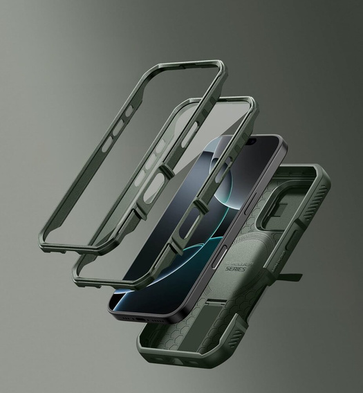 Husă blindată pentru iPhone 16 Pro, Dexnor CamProtect MagSafe, verde (Două rame)
