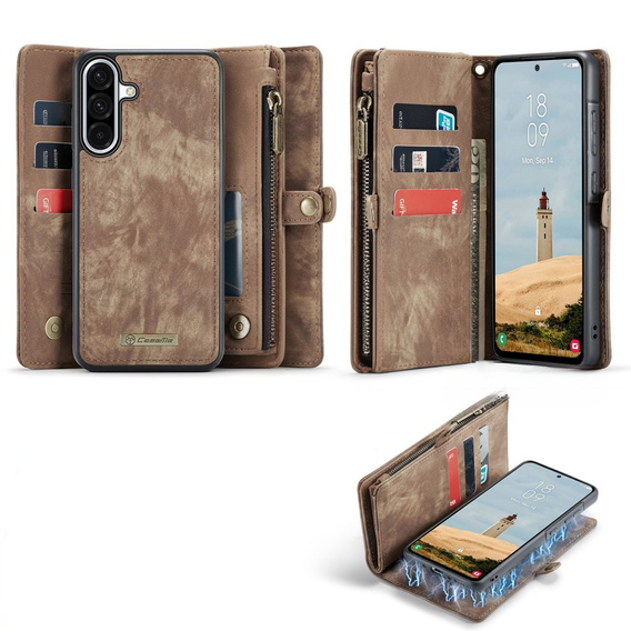 Husă CASEME pentru Samsung Galaxy A56 5G, Retro Leather Wallet, cu curea de umăr, maro