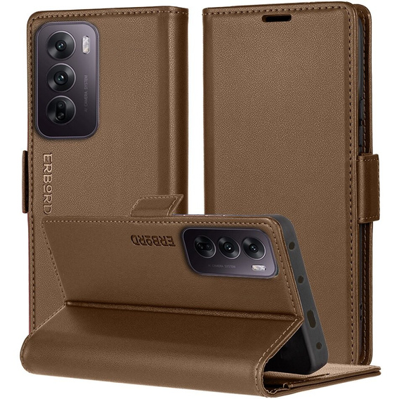 Husă pentru Oppo Reno 12 Pro, ERBORD Glossy Litchi, portofel cu clapetă, maro