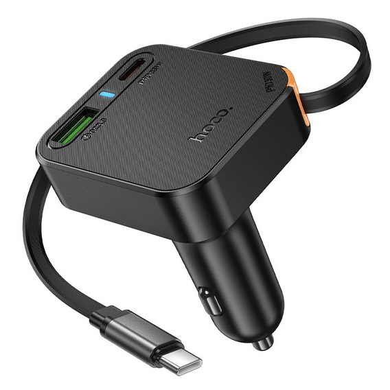 Încărcător auto Hoco cu ieșire triplă și cablu USB-C retractabil de 65 W