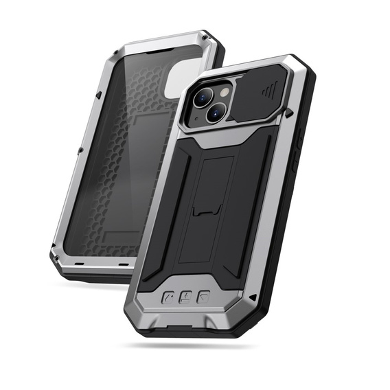 Husă pentru iPhone 13, R-JUST CamShield Slide, armată, de argint / negru