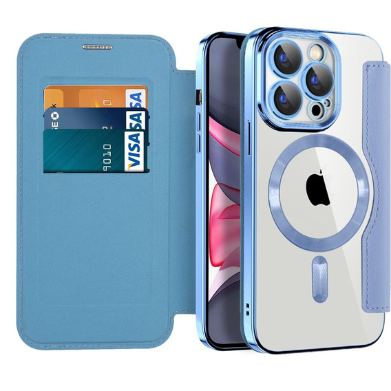 Cu clapetă pentru iPhone 15 Pro, RFID Wallet MagSafe CamShield, albastru