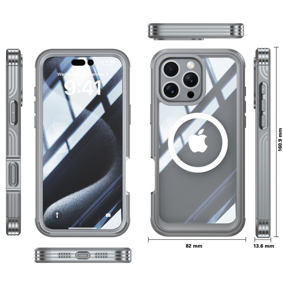 Husă pentru iPhone 16 Pro, Shockproof, cu sticlă, pentru MagSafe, gri