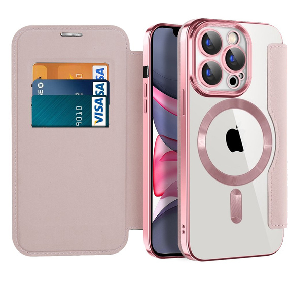 Cu clapetă pentru iPhone 15 Pro, RFID Wallet MagSafe CamShield, roz