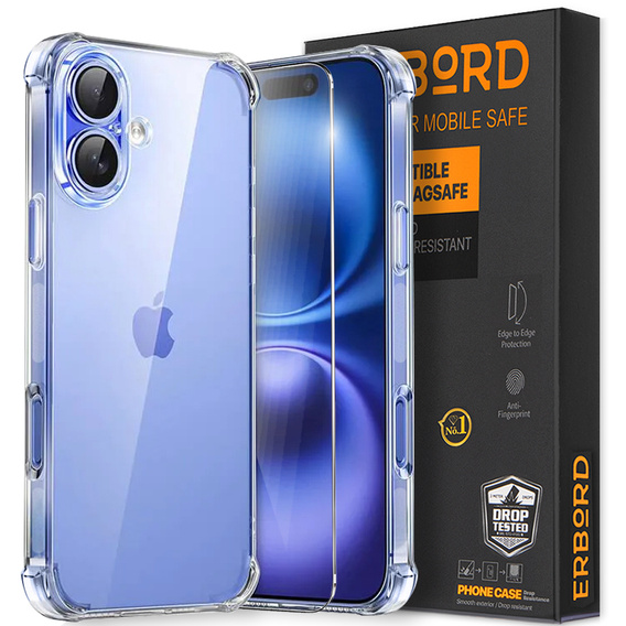 Carcasă pentru iPhone 16, Erbord Dropproof, transparentă + Sticlă
