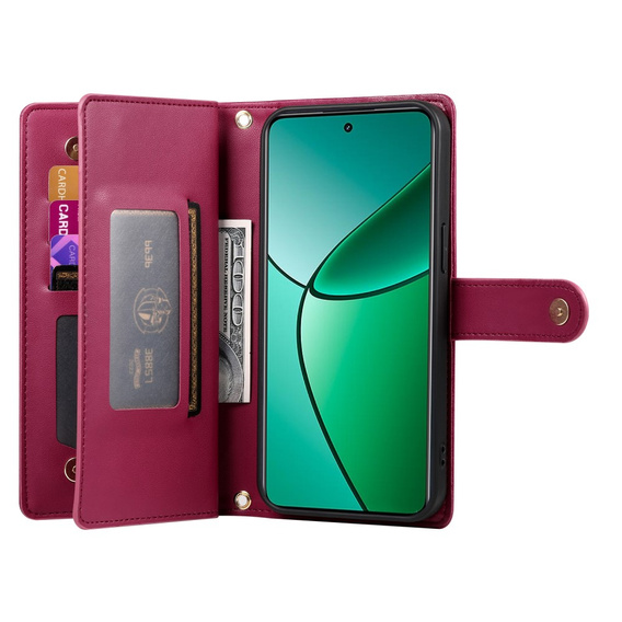Cu clapetă pentru Realme 14 Pro 5G, Wallet Zipper Pocket, roșu