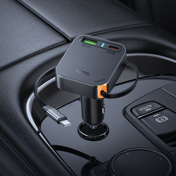 Încărcător auto Hoco cu ieșire triplă și cablu USB-C retractabil de 65 W