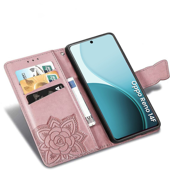 Carcasă cu clapetă pentru Oppo Reno 14F, portofel, Butterfly, aur roz