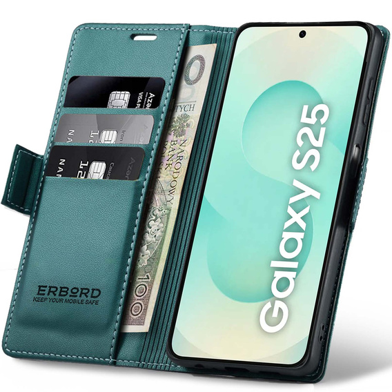 Husă pentru Samsung Galaxy S25, ERBORD Glossy Litchi, portofel cu clapetă, verde