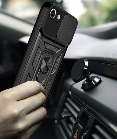 Carcasă blindată pentru iPhone 16E, CamShield Slide, negru + sticlă călită 9H