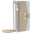 Carcasă flip pentru iPhone 15 Pro, Wallet Zipper Pocket, cu oglindă, albastru