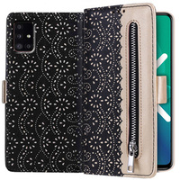 Carcasă cu clapetă pentru Samsung Galaxy A51 5G, Wallet Pocket Zipper Lace, negru