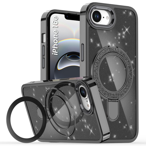 Carcasa iPhone 16e, Glittery Magnetic Kickstand, negru