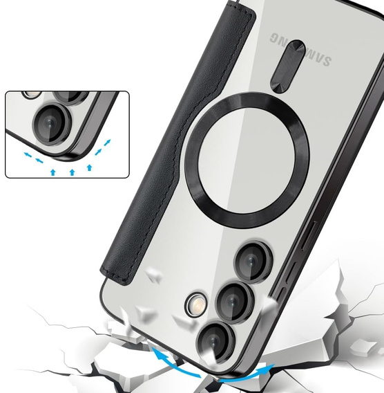 Cu clapetă pentru Samsung Galaxy S25 FE, RFID Wallet MagSafe CamShield, negru