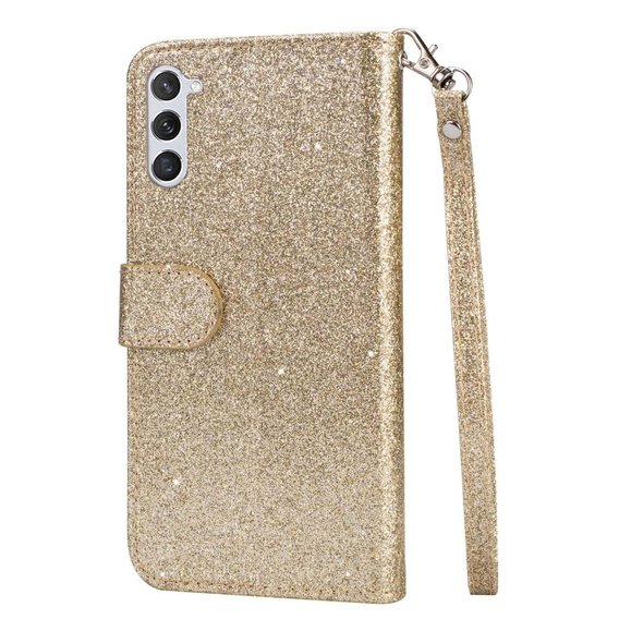 Cu clapetă pentru Samsung Galaxy S24, Wallet Zipper Pocket Glittery, de aur