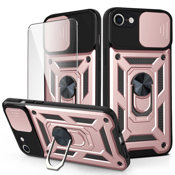 Carcasă blindată pentru iPhone 16E, CamShield Slide, roz + sticlă călită 9H