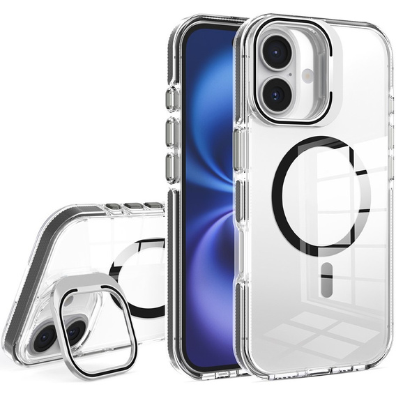 Husă pentru iPhone 17, pentru MagSafe, cu suport, transparentă cu inserții negre