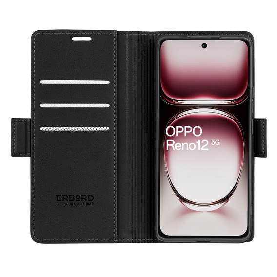 Husă pentru Oppo Reno 12, ERBORD Glossy Litchi, portofel cu clapetă, negru