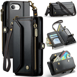 Husă CASEME pentru iPhone16e, RFID Leather Wallet, cu curea de umăr, negru