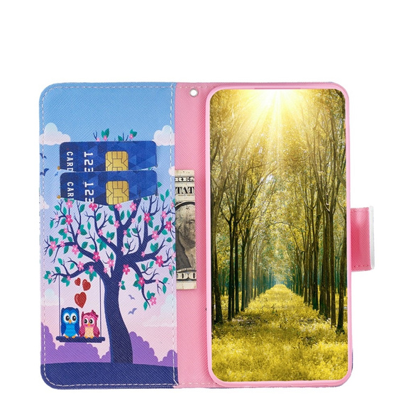 Cu clapetă pentru Xiaomi 13 Lite, Wallet, tree & owls, albastru