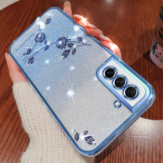 Husă pentru Samsung Galaxy S21 FE, Glitter Flower, albastru
