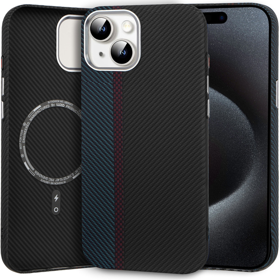 Carcasa pentru iPhone 15, Carbon Fiber MagSafe, negru / albastru