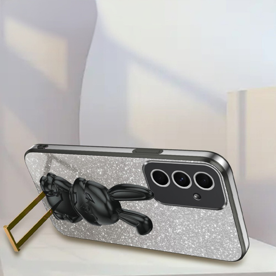 Husă pentru Samsung Galaxy A54 5G, Glitter Rabbit, cu suport glisant, negru