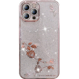 Husă pentru iPhone 14 Pro Max, Glitter Flower, roz rose gold