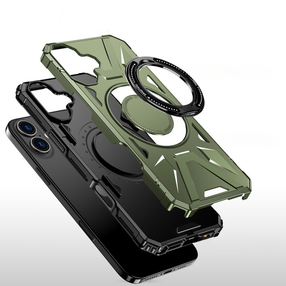 Carcasă pentru iPhone 16, blindată cu suport și placă pentru mâner, verde