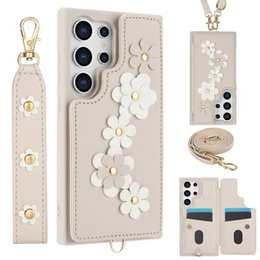Husa pentru Samsung Galaxy S24 Ultra, Leather Flower Card Slot, bej