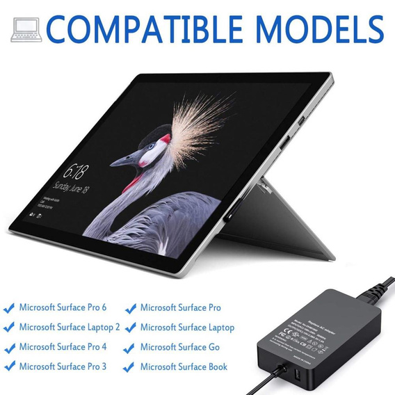 Încărcător adaptor de alimentare 44W 15V 2.58A cu port de încărcare USB pentru Microsoft Surface Pro 6/5/4/3 - EU Plug