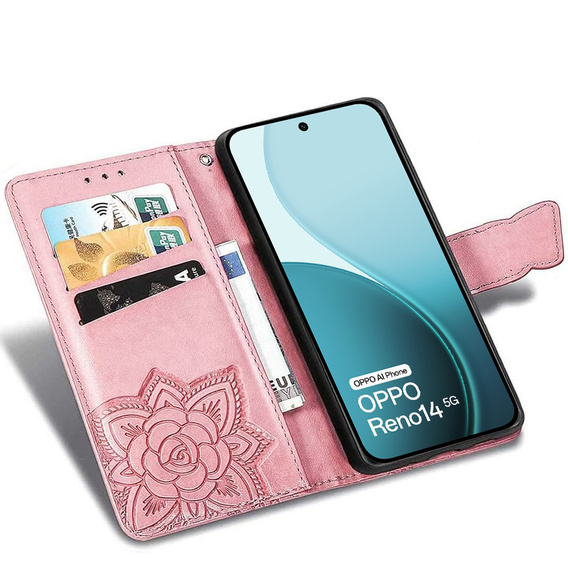 Carcasă cu clapetă pentru Oppo Reno 14, Butterfly, portofel, aur roz