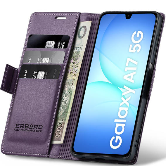 Husă pentru Samsung Galaxy A17 5G, ERBORD Glossy Litchi, portofel cu clapetă, violet