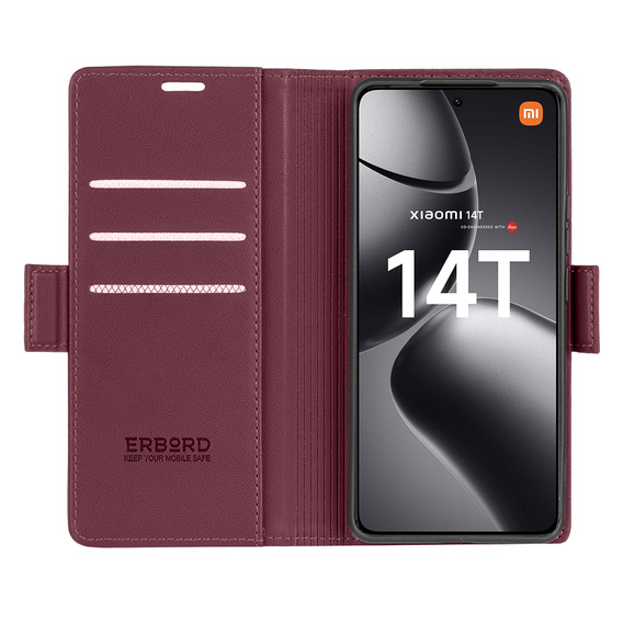 Husă pentru Xiaomi 14T, ERBORD Glossy Litchi, portofel cu clapetă, roșu