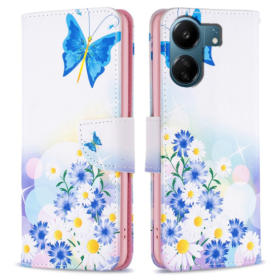 Cu clapetă pentru Xiaomi Redmi 13C / Poco C65, Wallet, butterfly & flowers, alb