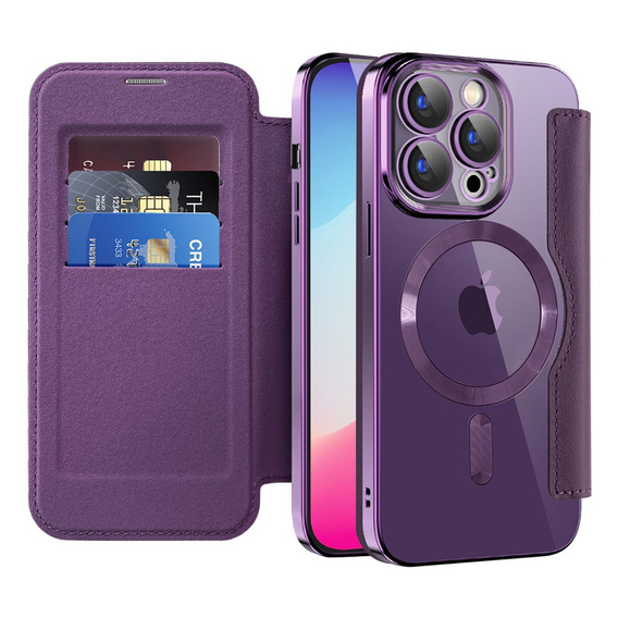 Cu clapetă pentru iPhone 15 Pro, RFID Wallet MagSafe CamShield, violet